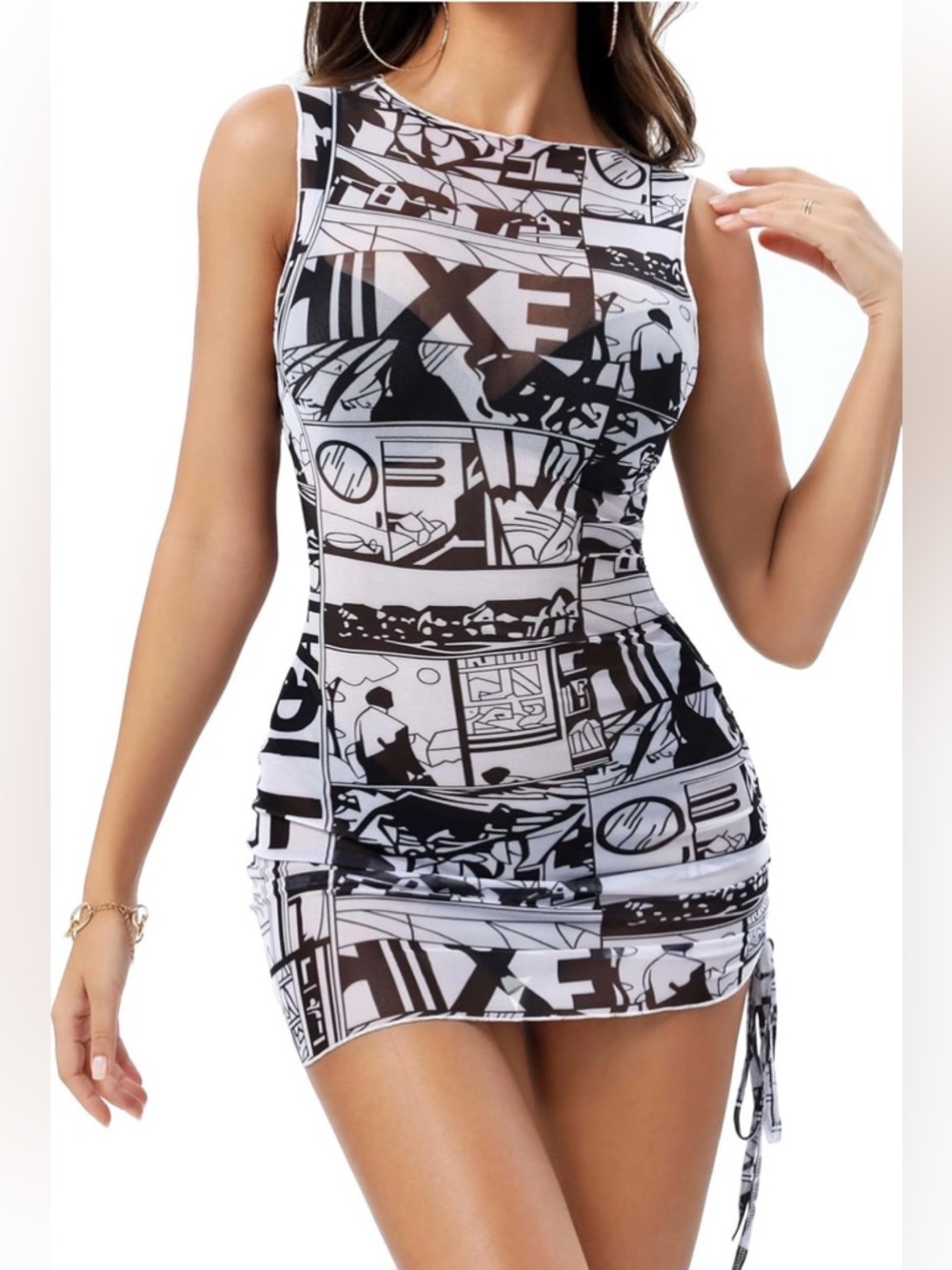 Graphic Print Bodycon Mini Dress - Black & White
